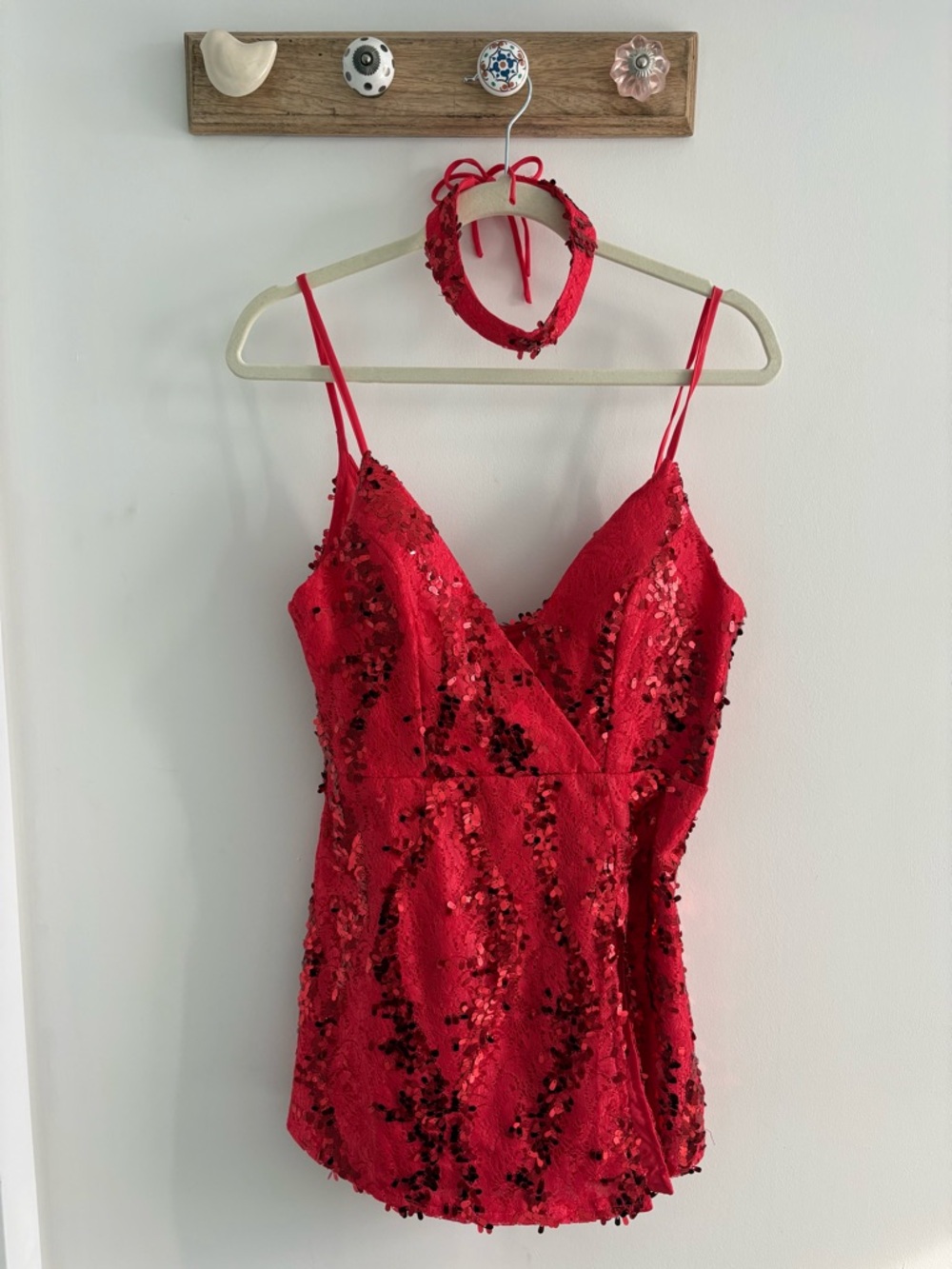 Red Sequin Spaghetti Strap Romper with Neck Tie
